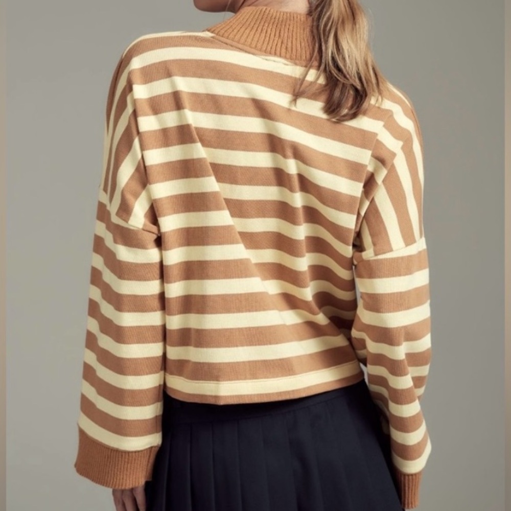 🟠NWT MAEVE by ANTHROPOLOGIE Plus Oversized Striped Top in Pale Yellow/Copper 1X - Picture 3 of 4